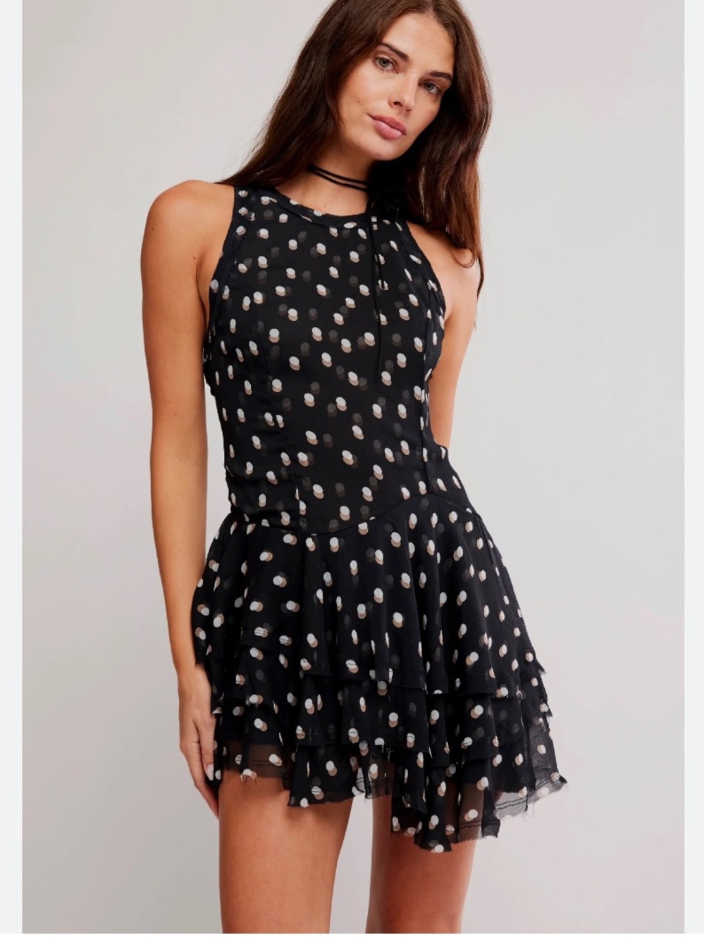 Free People Raven Printed Mini Dress XS Night Combo NWT Dot Printed Ruffle black - Picture 4 of 15